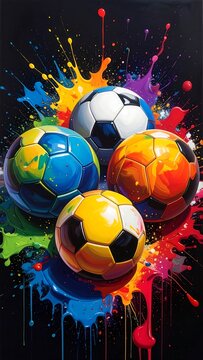 Vibrant colorful soccer balls on black background with paint splatters