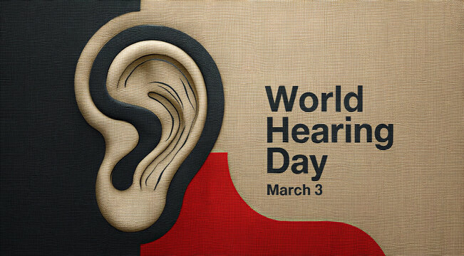 Creative world hearing day awareness poster design with stylized ear illustration and march third date