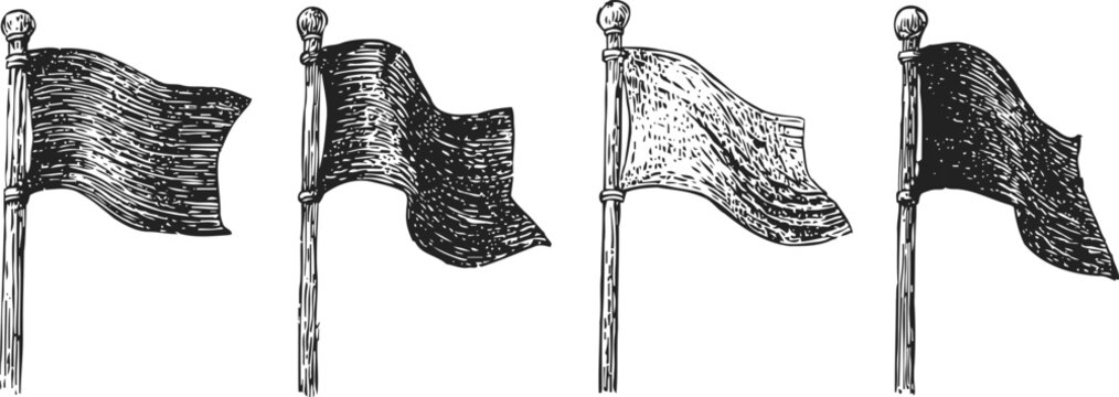set of four vintage hand drawn waving flags on flagpoles, retro illustration of fluttering banners