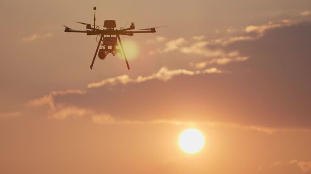 A Ukrainian military unmanned aerial vehicle drops explosives against a sunset and evening sky. Modern drone and war technology.