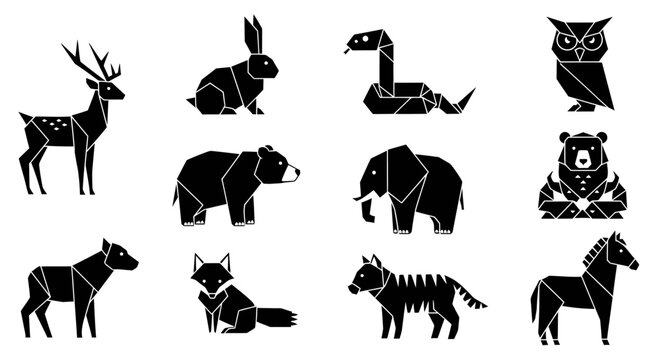 Geometric animal silhouettes deer rabbit snake owl bear elephant and more