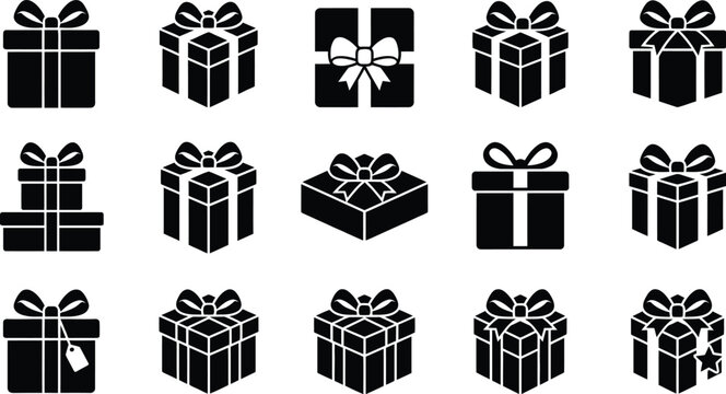Eine Sammlung von f&uuml;nfzehn schwarzen Piktogrammen, die Geschenkboxen und Pr&auml;sente mit Schleifen darstellen.