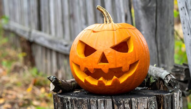 Carved pumpkin with spooky face sits on a tree stump against an old, weathered wooden fence backdrop