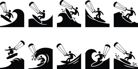 Eine Sammlung von schwarzen Silhouetten-Symbolen, die einen Kitesurfer auf Wellen zeigen. © Insa Batool
