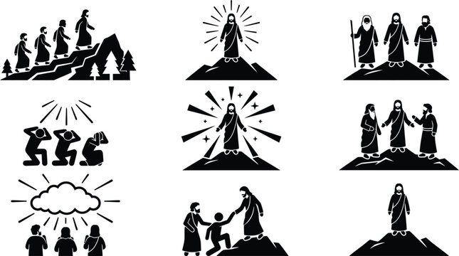 Satz von Piktogrammen, die die biblische Geschichte der Verkl&auml;rung Jesu Christi auf dem Berg darstellen.
