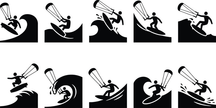 Eine Sammlung von schwarzen Silhouetten-Symbolen, die einen Kitesurfer auf Wellen zeigen.