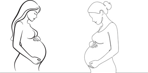 A pregnant woman stands in a serene and peaceful pose, showcasing her baby bump in a beautiful and vibrant illustration. © manosh