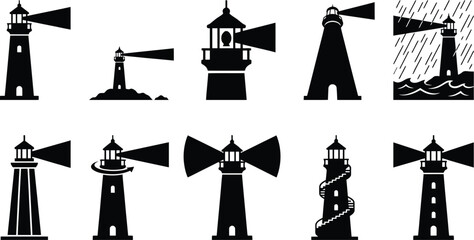Set von zehn verschiedenen Leuchtturm-Silhouetten als Vektor-Icons auf weißem Hintergrund. © Insa Batool