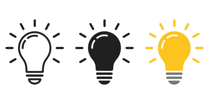Set of light bulb icons on white background, idea symbol electric lamp vector collection representing light, innovation, solution, creative thinking, electricity, outline, flat and colored styles for 