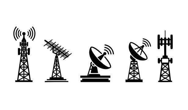Cell tower and communication antenna silhouettes set representing wireless network and telecom technology isolated vector