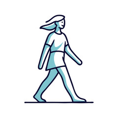 Logo de boutique de moda femenina. Dibujo minimalista con líneas de una chica andando con una camiseta y falda de color azul, vista de perfil  © teracreonte