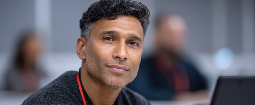 Dynamic portrait of a South Asian trainer leading experts at a technology and innovation summit on advanced AI and machine learning solutions.