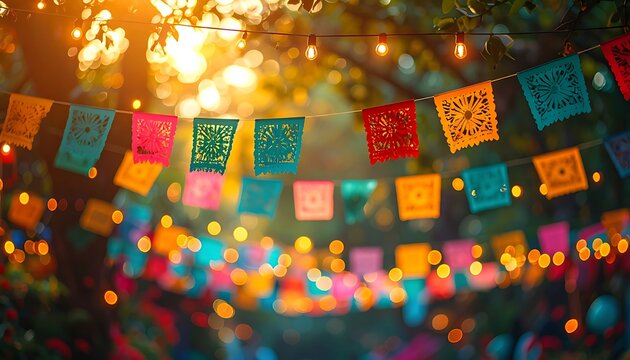 Festive papel picado banners strung across a garden create a vibrant, blurred celebration atmosphere in warm sunlight