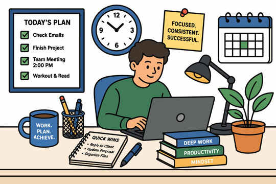 A focused individual managing a productive workday plan and workspace