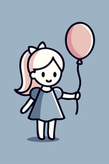 Logo de cumpleaños con dibujos animados de una niña de pie sonriente con un globo en la mano, con un vestido y el cabello largo recogido con un lazo  © teracreonte