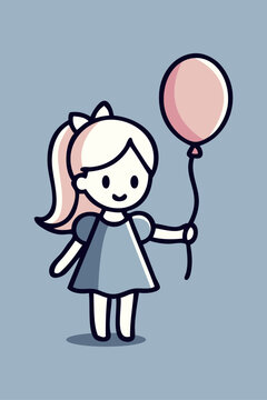 Logo de cumplea&ntilde;os con dibujos animados de una ni&ntilde;a de pie sonriente con un globo en la mano, con un vestido y el cabello largo recogido con un lazo 