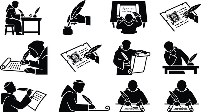 Eine Sammlung von schwarzen Silhouetten-Symbolen, die mittelalterliche M&ouml;nche beim Schreiben mit Federkielen zeigen.