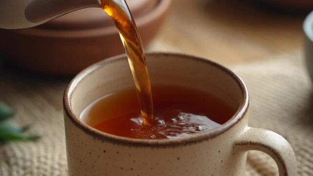 Steaming hot tea being poured into a speckled ceramic mug on a rustic table