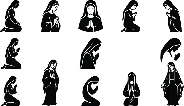 Sammlung von schwarzen Silhouetten und Piktogrammen der betenden Jungfrau Maria in verschiedenen Posen.