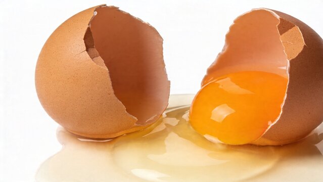  is a high-resolution, close-up photograph of a cracked brown egg on a white background. The egg is split into two jagged halves, revealing