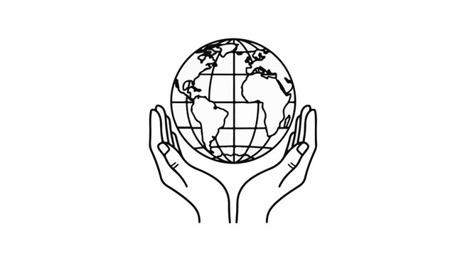 Two cupped hands cradling a globe with visible continents and gridlines