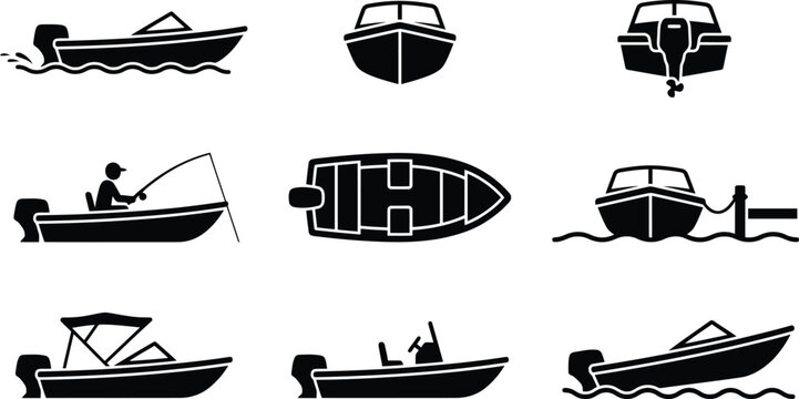 Sammlung von schwarzen Motorboot-Symbolen und Silhouetten aus verschiedenen Perspektiven.