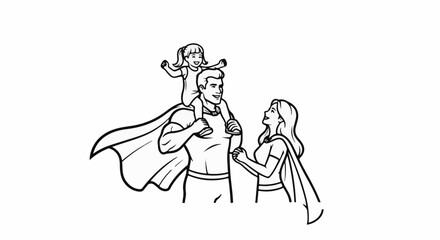 Obraz premium A superhero family poses with the father carrying a child on his shoulders