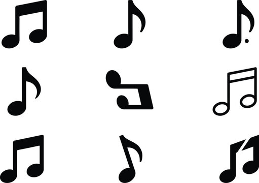 Eine Sammlung von neun verschiedenen schwarzen Musiknoten-Symbolen, isoliert auf einem wei&szlig;en Hintergrund.