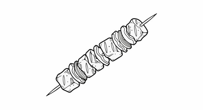 A simple black and white sketch of a skewer of cubed meat