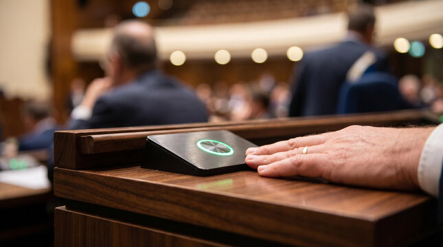 Close-up of a hand pressing a voting button during an assembly session, with blurred background of participants and warm wood tones, vote