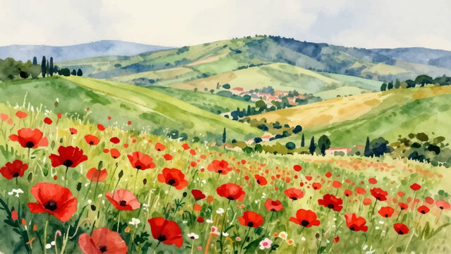A vibrant watercolor painting of a hillside covered in red poppies