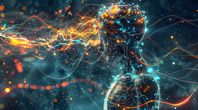 Tech cybernetic being connecting to digital system futuristic AI interface sci fi concept scene