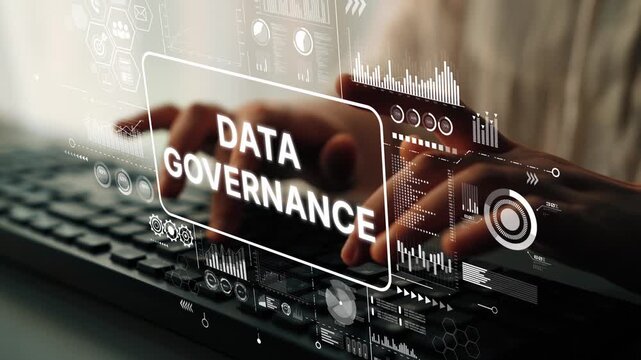 Data Governance Concept with Digital Interface and Keyboard Presenting Modern Business Solutions and Technological Insights. Asymptotic smart data analytic.