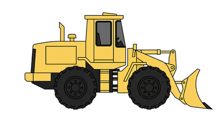 Fototapeta premium Clean minimalist 2D flat vector graphic of a blank yellow wheeled bulldozer side profile isolated on white