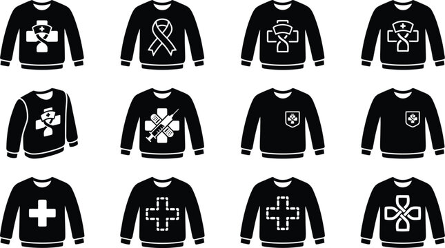 Sammlung von schwarzen Pullovern mit verschiedenen wei&szlig;en medizinischen Kreuzsymbolen als Vektor-Icons.