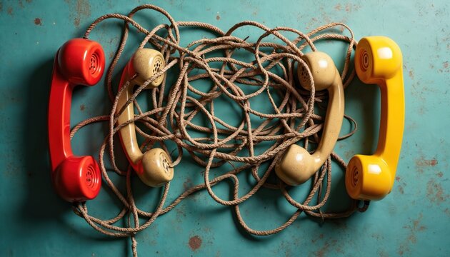 Two vintage telephones tangled together with ropes on worn textured surface, representing communication chaos outdated technology. One red, one yellow, others beige on blue background.