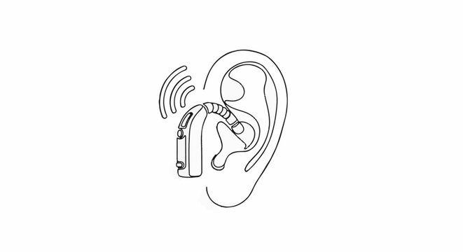 Stylized line drawing of an ear with a hearing aid and sound waves