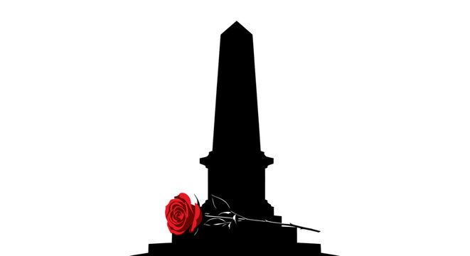 Silhouette of soldier saluting with red rose at war memorial against bright sky