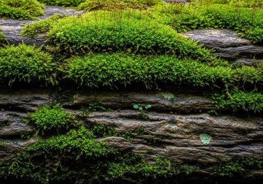 Detailed close up shot of vibrant green moss carpeting a damp, textured stone, symbolizing the quiet, relentless passage of time in the ecosystem, growth, time, enduring