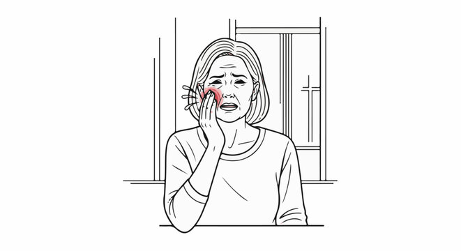 Woman with face pain, hand to cheek, lines indicate discomfort