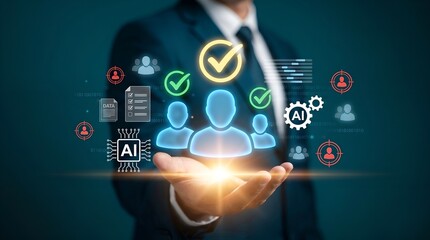 Obraz premium AI-Powered Human Resource Management and Recruitment Concept with Businessman Holding Digital Employee Icons, Talent Selection, Data Analysis, Workforce Automation Technology