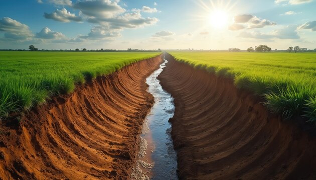 Deep soil erosion gully cuts through vibrant green farm field under bright sun. Water flows in ditch carving land. Shows impact of poor land management and climate.