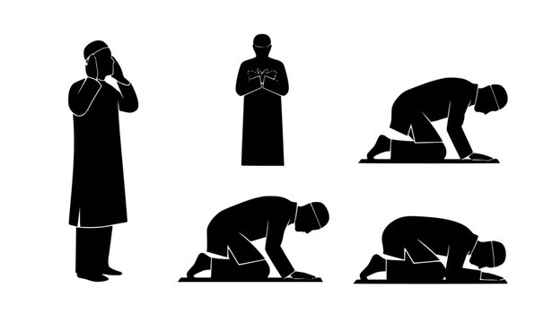 Islamic praying man silhouette icons black and white vector set with salah poses