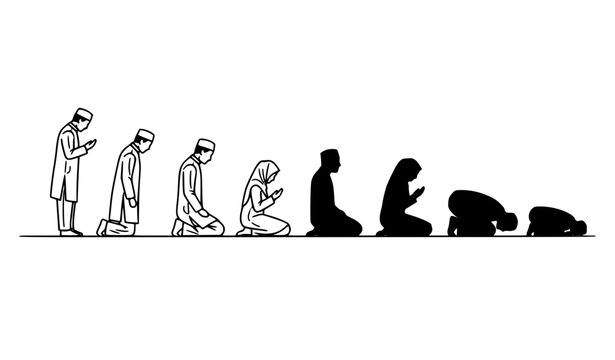 Islamic prayer flow icons black and white vector with Muslim man salah sequence