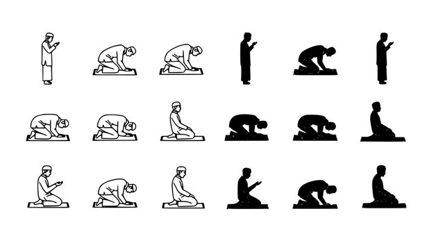 Premium Islamic praying man icon set black and white vector with outline and silhouette