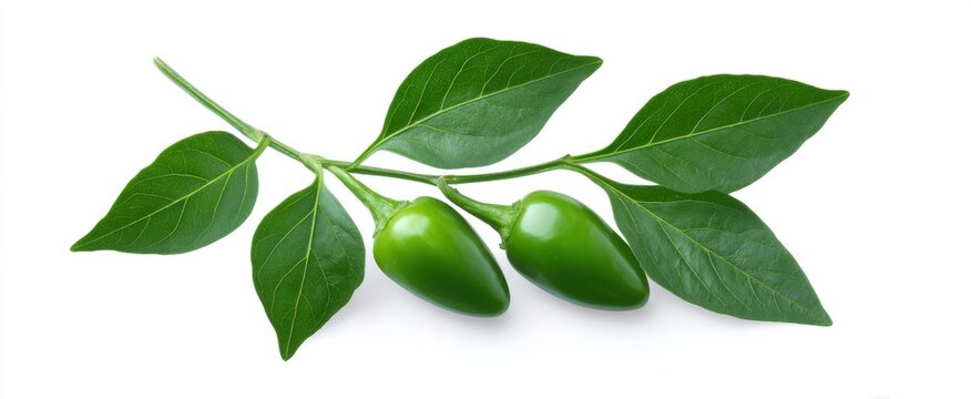 Green jalape&ntilde;o pepper/Isolated fresh green leaves on white showcasing detailed botanical textures.