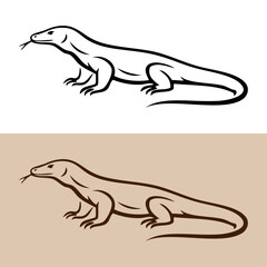 Logotipo con dibujo minimalista con líneas de un dragón de Komodo visto de perfil  © teracreonte