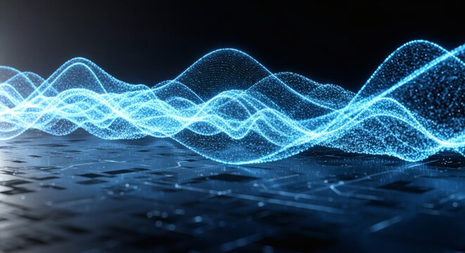 Abstract glowing blue wave of light particles on a dark reflective surface, representing sound or data flow in a futuristic digital environment