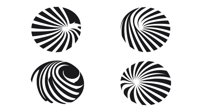 Four black and white swirling optical illusions, each circular, arranged to create a dynamic composition