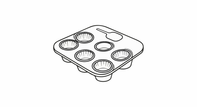 Line drawing of a six-cup baking pan with liners and a small scoop